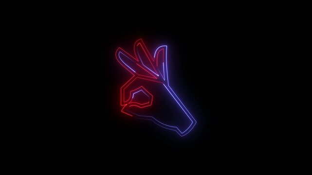 A neon style icon of a hand making the ok gesture against a black background .4k video animation.