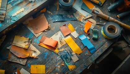 Painter's messy workstation shows creativity in artistic disorder and vibrant colors