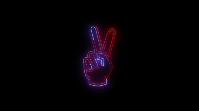 glowing neon hand showing two finger icon.isolated on black background.4k video animation .