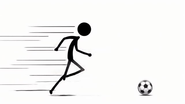 Animated Stickman Kicking Soccer Ball with Motion Trails on White Backdrop Perfect for Illustrating Sports and Activities