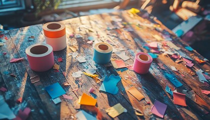 Crafting a Colorful Celebration: Confetti and Rolls on a Rustic Wooden Surface