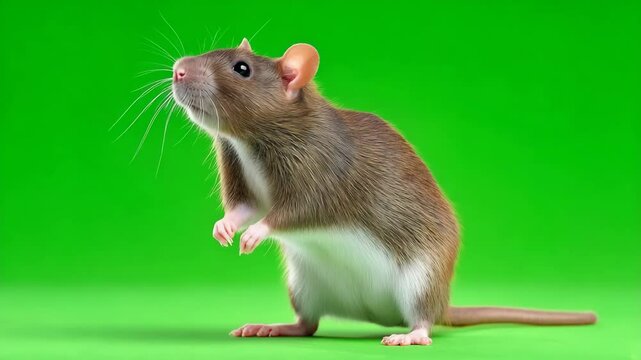 Brown rat standing on its hind legs against a green screen