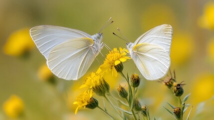 Delicate Pair: Two White Butterflies Gracefully Sipping Nectar from Yellow Flowers