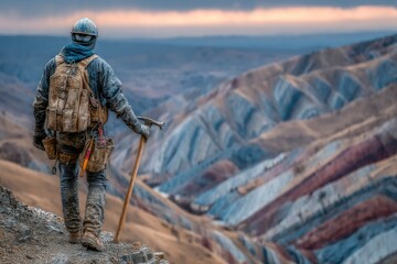 Fototapeta premium Explorer in the Wilderness A Lone Adventurer with Gear and Pickaxe Overlooking a Colorful Cany