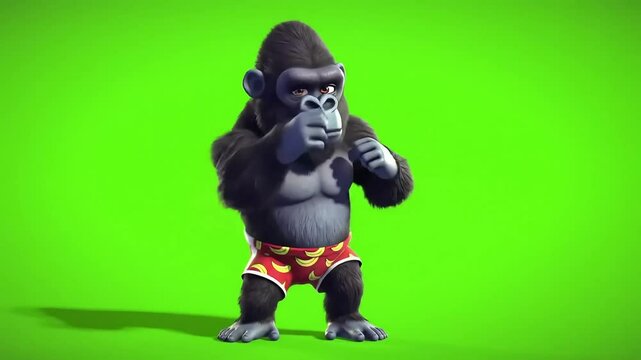 Animated cartoon gorilla character on green screen ready to box or fight in humorous mascot style, Generative AI