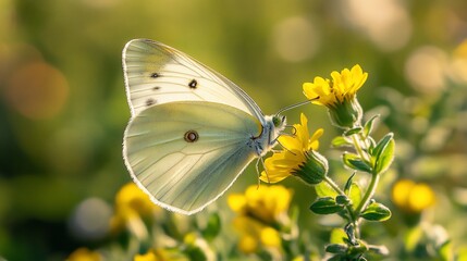 Captivating White Butterfly Perched on Vibrant Yellow Flowers in a Sunny Meadow