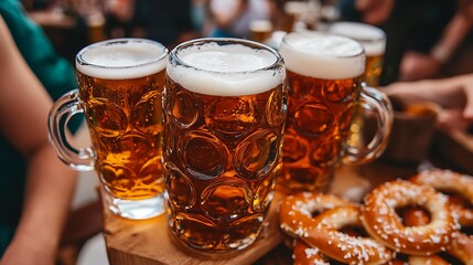Beer steins and pretzels on a wooden surface.