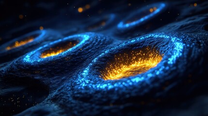 Fiery, glowing circles on a dark, textured surface