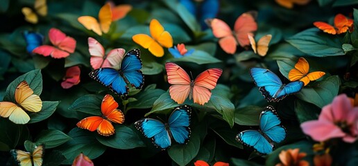 Captivating butterfly gathering with vibrant hues and lush green foliage display