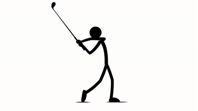 Animated Black Stick Figure Golfing on White Background Depicting Swinging Motion Demonstrating Sport Activity and Recreational Gameplay