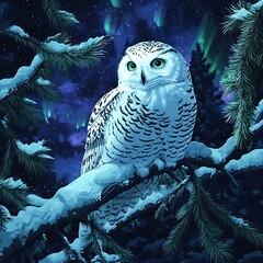 Snowy owl perched on a branch at night under the aurora borealis.
