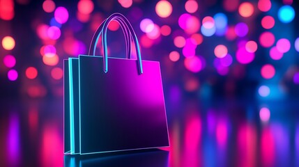 Futuristic shopping bag with vibrant neon lights background concept
