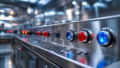 Close-up of a professional stainless steel kitchen with illuminated control panels