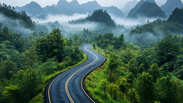 Journey through Verdant Valleys: A scenic road winding through misty mountain ranges