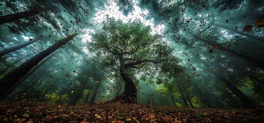 A mesmerizing view of a lone tree amidst a forest during the autumn season