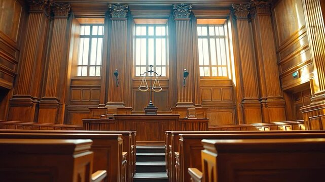 The Justice Domain: An interior Perspective of a Courtroom with scales of justice
