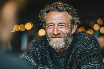 A mature man with a warm smile and gray beard wearing a cozy sweater set against a bokeh back