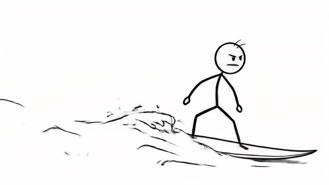 Animated Stick Figure Surfing a Wave on White Backdrop Illustration of Water Sport Activity Representing Summer Fun and Active Lifestyle