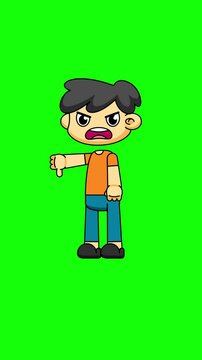 Thumbs Down Cartoon Boy. Disapproval Gesture Loop in 4K. Greenscreen Animation Asset 