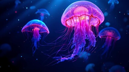 Glowing neon jellyfish in deep ocean with bioluminescent tentacles - Powered by Adobe