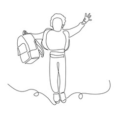 Continuous line drawing of little boy with backpack walking on the street. Concept of student person with bag go to school. Vector illustration sketch editable stroke