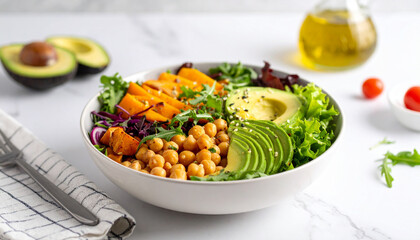 Delicious and Healthy Sweet Potato, Chickpea, and Avocado Salad Bowl Recipe