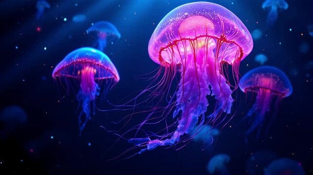 Glowing neon jellyfish in deep ocean with bioluminescent tentacles