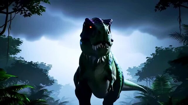 Animated dinosaur in jungle under stormy sky prehistoric creature, Generative AI
