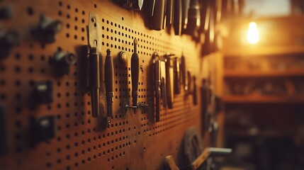 A meticulously organized workshop wall showcasing various tools hanging on a pegboard