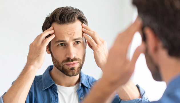 Man Examining Hairline in Mirror Signs of Hair Loss and Potential Solutions