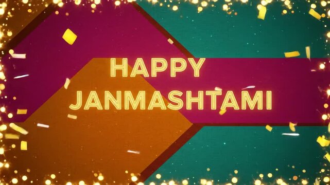 Happy Janmashtami Festival Greeting with Sparkling Confetti Animation and Colorful Background Design