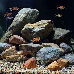 Aquarium Serenity: Vibrant Neon Tetras Swimming Among Natural Rock Formations