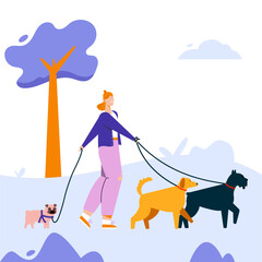 Vector character illustration of woman leads dogs on leads