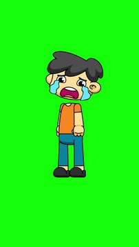 Crying Cartoon Boy. Emotional Character Loop in 4K. Greenscreen Animation Asset 