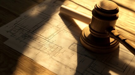 Gavel Resting on Blueprint for Legal Review of Construction Project