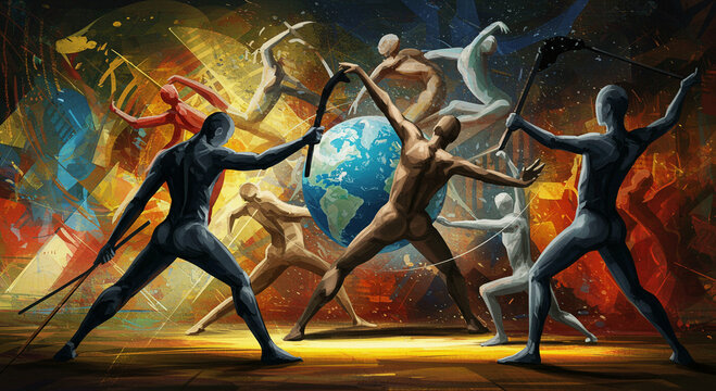 Dancers with sticks encircle Earth in abstract contest