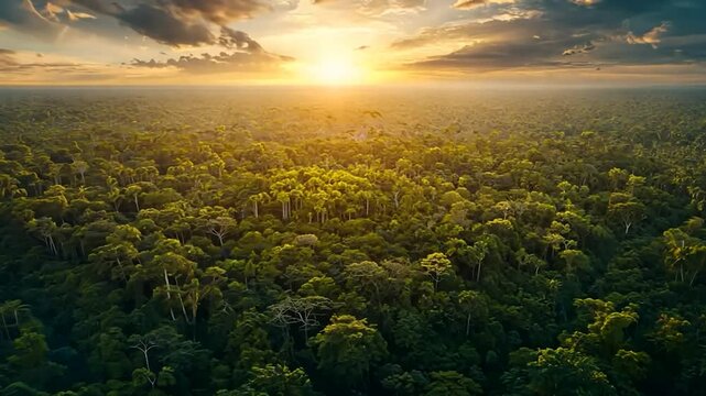 Golden hour over the lush canopy: A vibrant vista of undisturbed tropical rainforest