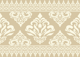 Elegant Traditional Ornamental Damask Border Seamless Pattern with gold  Floral Motifs for Textiles, Ceremony, Backgrounds, Packaging, and Decorative Vector Design