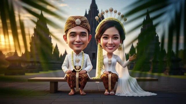 Traditional Javanese Wedding Couple Waving Hands at Prambanan Temple During Golden Hour