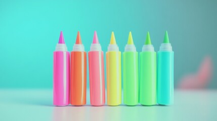 Colorful Neon Paint Tubes Arranged in a Row on Light Background