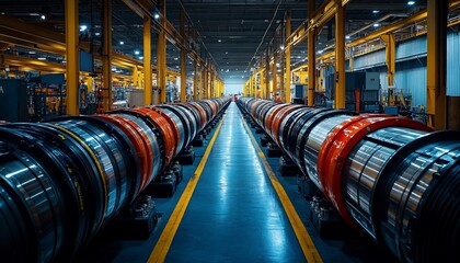 Symmetrical view of industrial pipeline components within a factory setting