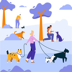 Vector character illustration of people cares puppies, pet sitting service