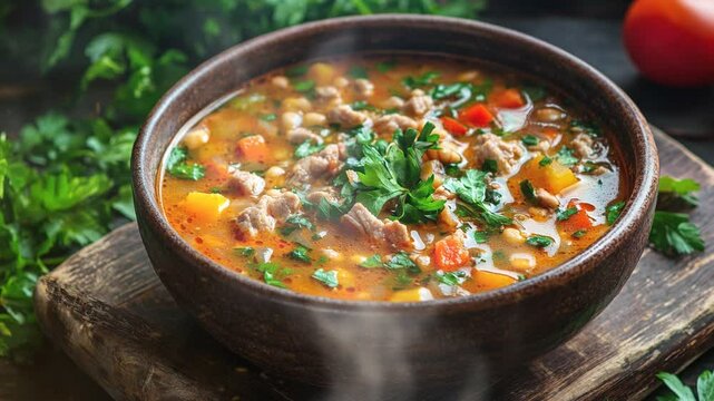 Sopa de man with peanut, meat and vegetables with smoke
