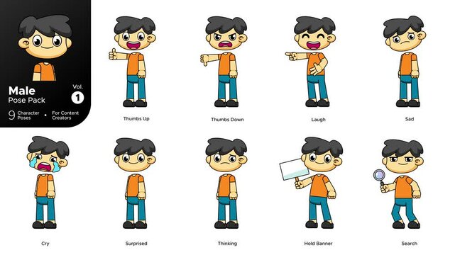 Male Character Expressions Vol.1. 9 Cartoon Poses for Creators. 4K Animation Greenscreen 