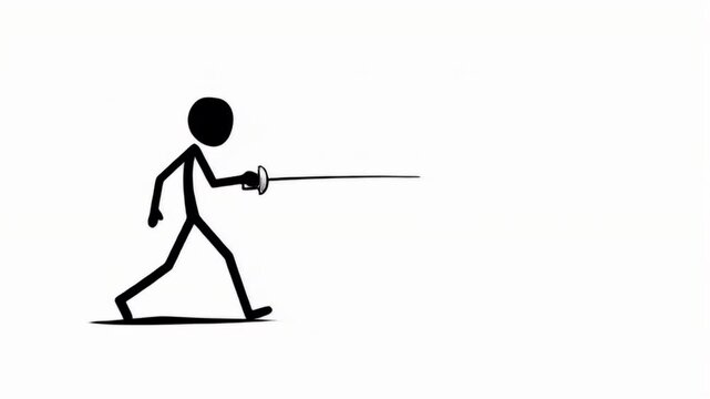 Dynamic Stickman Fencer in Action with Sword Combat Against White Background for Sport and Animated Figure Illustration