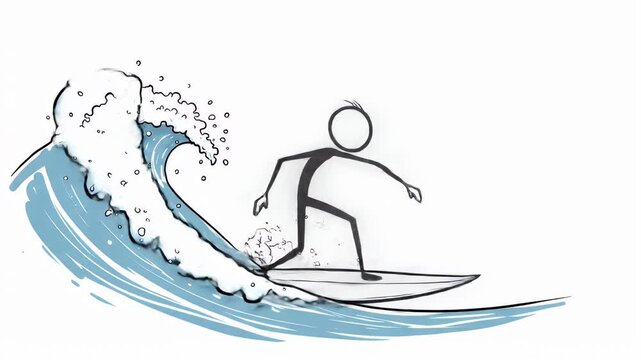 Dynamic Stickman Surfing a Blue Wave on White Background Illustration for Sports and Recreation Concepts