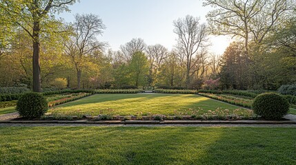 Formal garden at dawn, sunlit