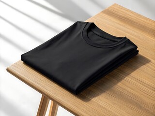 A sleek folded black T shirt symbolizing minimalist style and effortless cool on a simple wood table