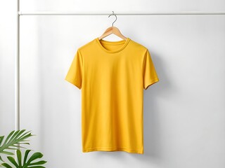 A vibrant golden t shirt hanging radiating summer vibes waiting for adventure and joyful expression