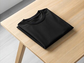 Crisp folded black t shirt awaits its next adventure ready for any occasion on light wooden table